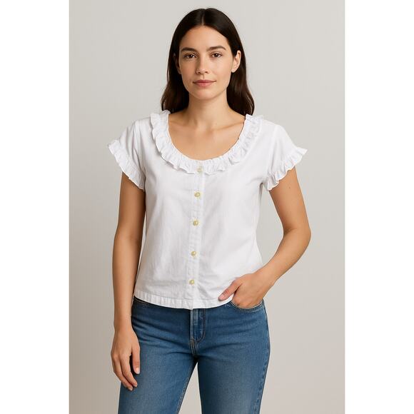 Alex Mill White Ruffle Button-Front Blouse Size Small Pearl Heart Shaped Buttons - Picture 1 of 8